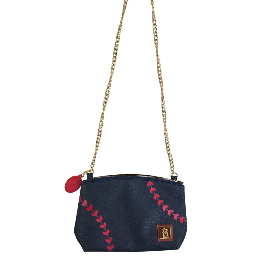 St. Louis Cardinals Crossbody Bag Womens Navy Red Baseball Stitch Gold Chain MLB